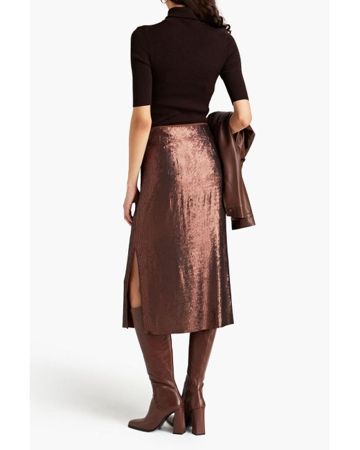 Brunello Cucinelli Brown Sequined Crepe Midi Skirt