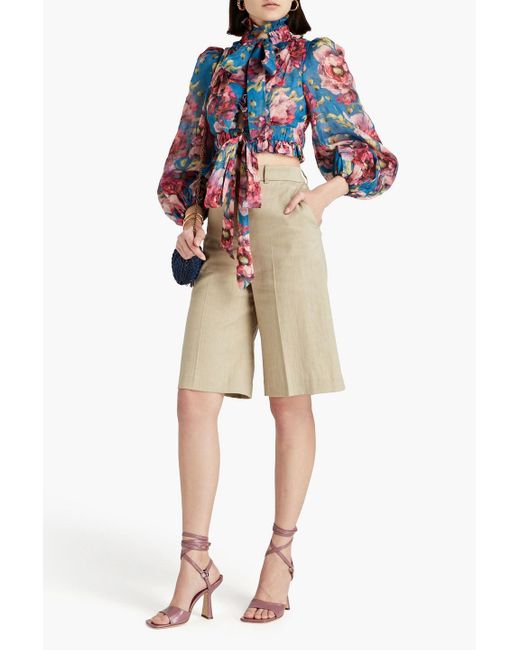 Zimmermann Blue Cropped Pussy-bow Floral-print Ramie Blouse