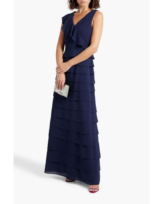 Mikael Aghal Blue Ruffled Crepe Maxi Dress