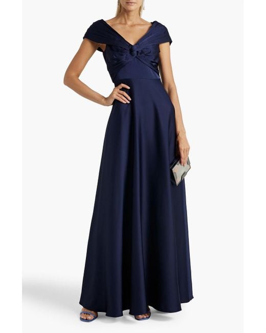 THEIA Blue Francesca Pleated Twist-front Satin Gown
