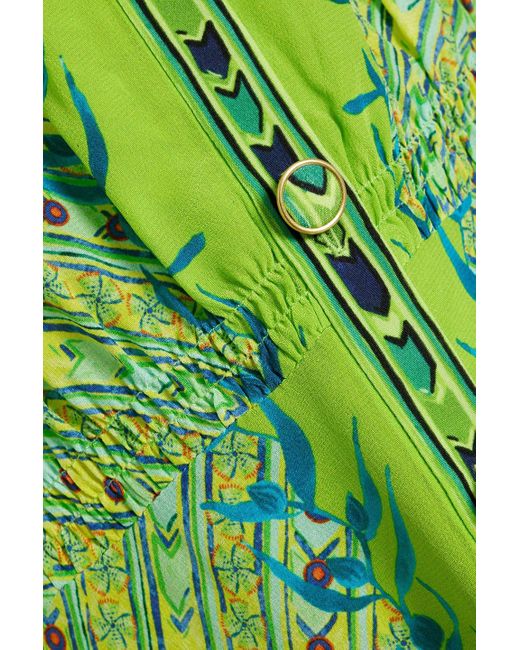 Saloni Green Lea Printed Silk Crepe De Chine Midi Dress
