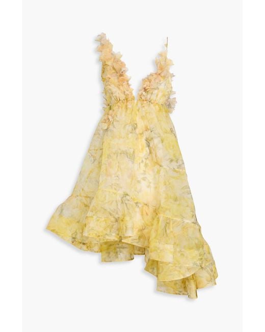 Zimmermann Yellow Asymmetric Floral-appliquéd Printed Silk-organza Dress