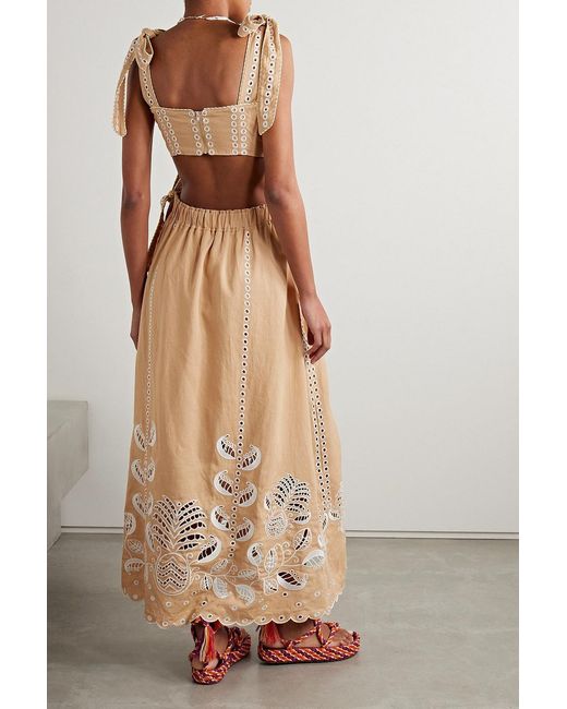 Farm Rio Natural Open-back Scalloped Broderie Anglaise Linen-blend Midi Dress