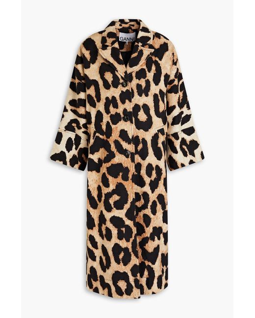 Ganni Black Leopard-print Linen And Cotton-blend Canvas Coat