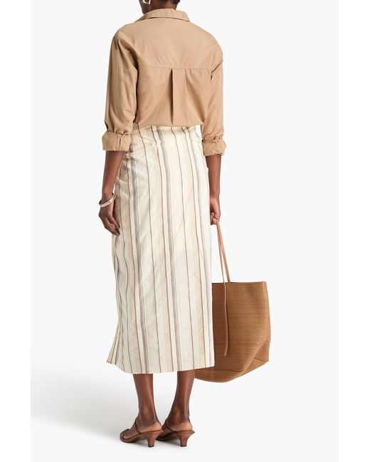 Brunello Cucinelli Natural Wrap-effect Striped Cotton And Linen-blend Midi Skirt