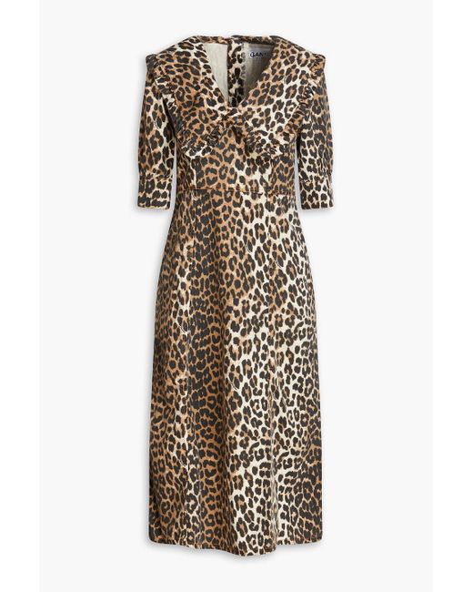 Ganni Natural Leopard-print Denim Midi Dress