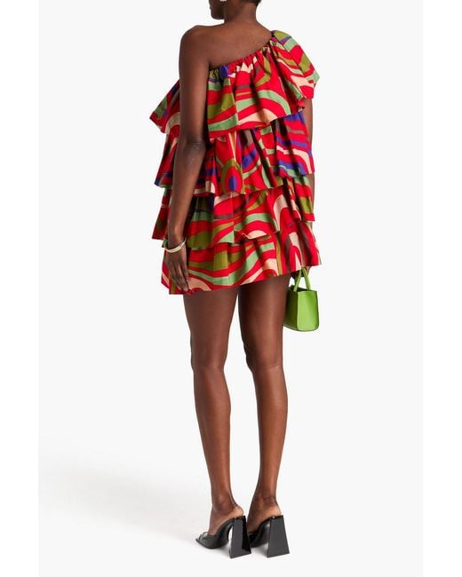 Emilio Pucci One-Shoulder Tiered Printed Cotton-Poplin Mini Dress