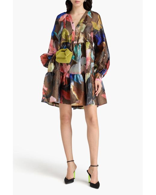 Stine Goya Brown Gestuftes minikleid aus cloqué mit blumenprint