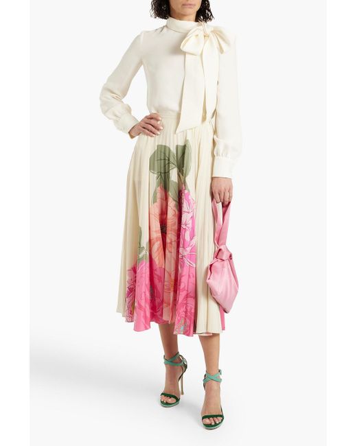 Valentino Garavani Pink Pleated Floral-print Silk-crepe Midi Skirt