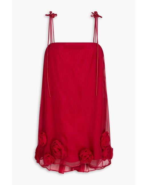 LEO LIN Red Xuan Floral-Appliquéd Silk-Organza Top