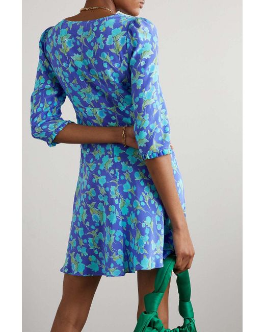 Rixo Blue Ruffled Floral-print Silk Crepe De Chine Mini Dress