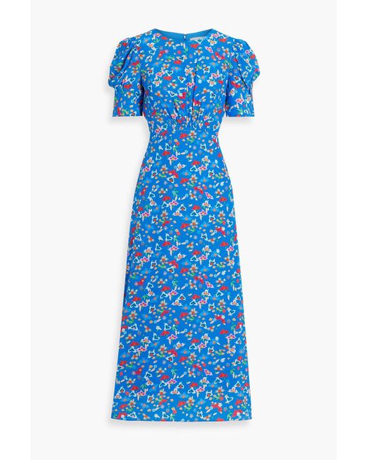 Saloni Blue Bianca Shirred Printed Silk Crepe De Chine Midi Dress