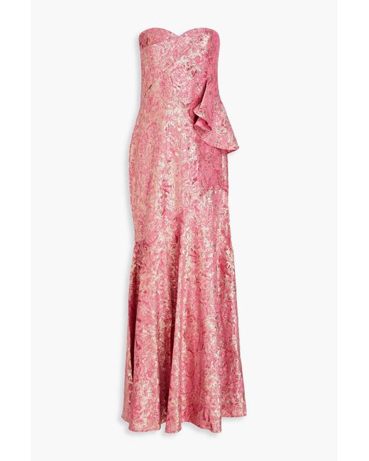 THEIA Pink Ruffled Pleated Stretch-jacquard Maxi Gown