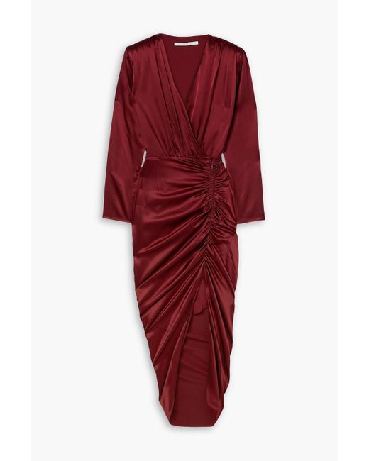 Veronica Beard Red Cameri Ruched Silk-blend Charmeuse Midi Dress