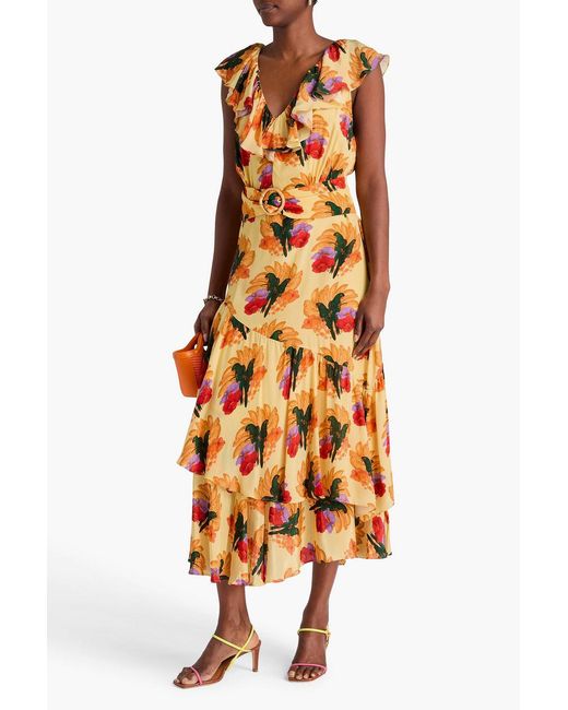 Farm Rio Metallic Ruffled Printed Crepe De Chine Maxi Dress