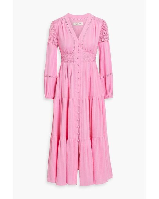 diane von furstenberg pink lace dress Diane Von Furstenberg Preloved Zarita Long Sleeve Lace Dress in Pink Rayon