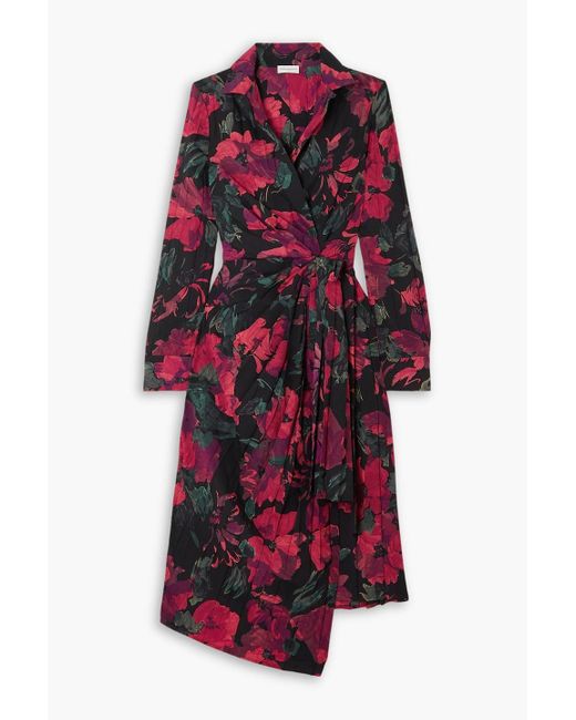Dries Van Noten Red Asymmetrisches wickelkleid aus crêpe de chine mit blumenprint