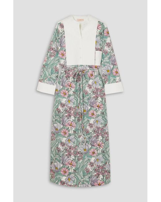 Tory Burch White Belted Floral-print Cotton-poplin And Jacquard Dress