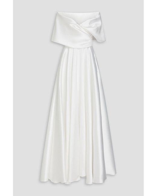 Rhea Costa White Off-the-shoulder Satin-twill Gown