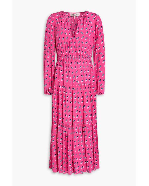 Diane von Furstenberg Pink Dominique Tiered Printed Crepe De Chine Midi Dress