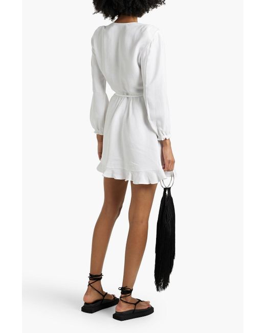 IRO White Loomy Ruffled Tmand Linen-blend Mini Wrap Dress