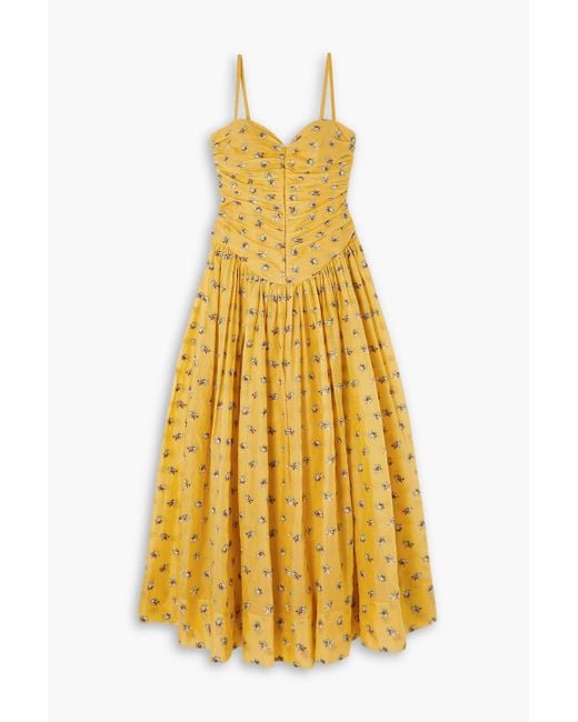 Tory Burch Yellow Pleated Embroidered Cotton-voile Midi Dress