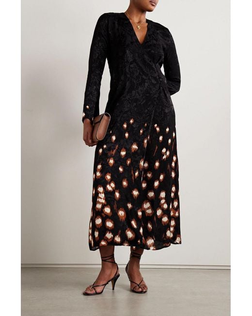Johanna Ortiz Black Inner Strength Printed Satin-Jacquard Midi Wrap Dress