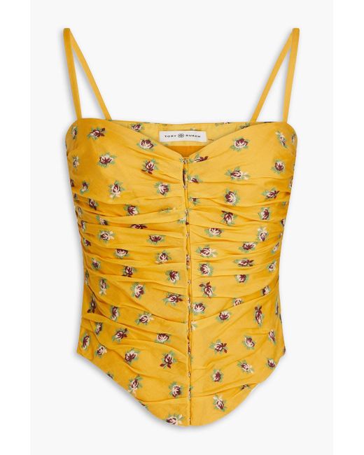 Tory Burch Yellow Ruched Floral-print Cotton-voile Bustier Top