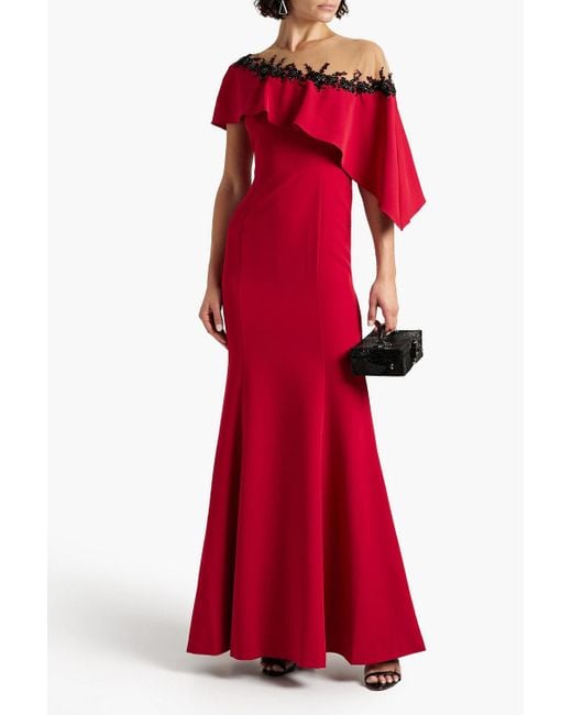 Marchesa Red Embellished Draped Tulle And Crepe Gown