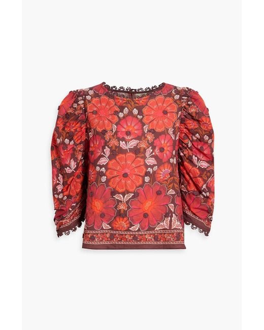 Farm Rio Red Appliquéd Floral-Print Cotton-Voile Blouse