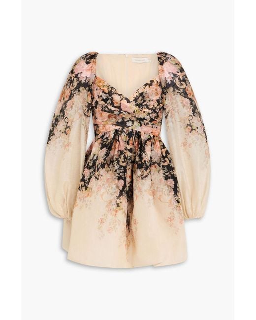 Zimmermann Natural Pleated Floral-print Linen And Silk-blend Mini Dress