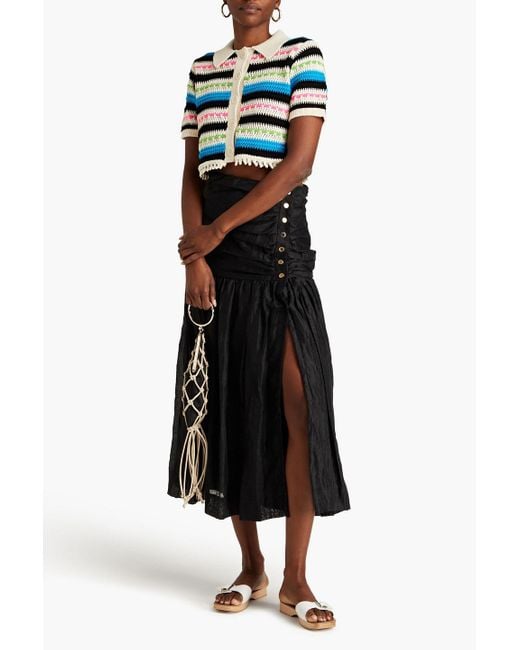 Sandro Black Ruched Linen-blend Gauze Midi Skirt