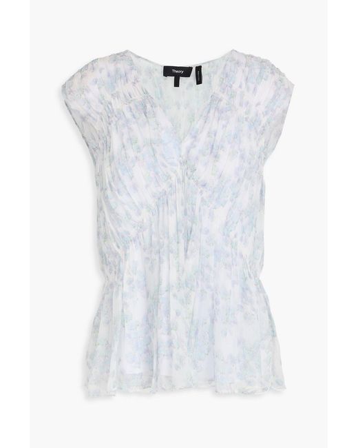 Theory White Shirred Floral-print Silk-crepon Top