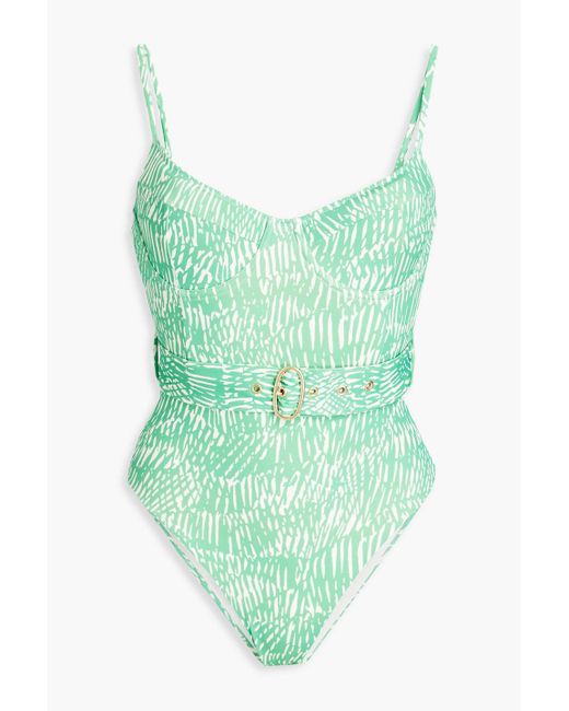 Jonathan Simkhai Green Noa Belted Printed Underwired Swimsuit