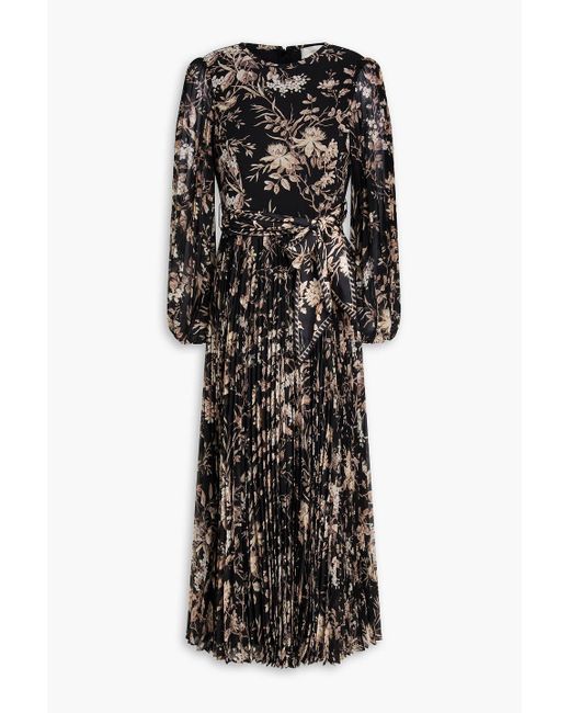 Zimmermann Black Pleated Floral-print Georgette Midi Dress