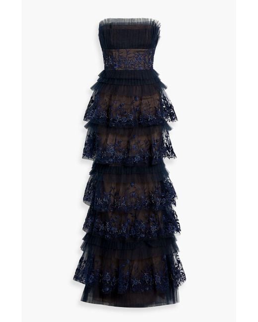 Marchesa Blue Strapless Tiered Embellished Tulle Gown