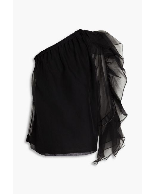 Brunello Cucinelli Black One-sleeve Gathered Silk-organza Top