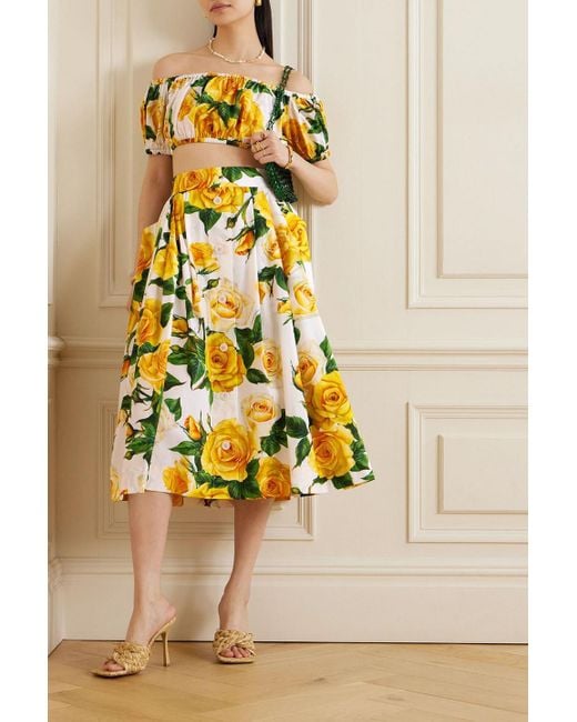 Dolce & Gabbana Yellow Off-the-shoulder Floral-print Cotton-poplin Top