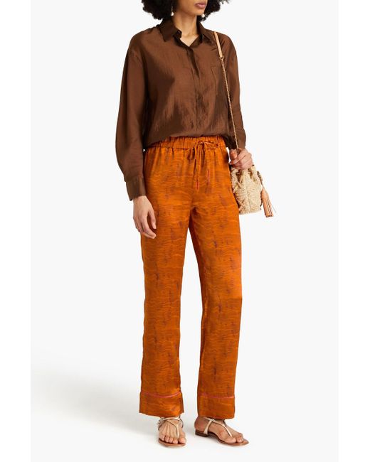 Saloni Orange Paige Printed Silk-satin Straight-leg Pants