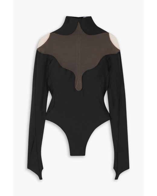 Mugler Black Tulle-paneled Stretch-knit Bodysuit