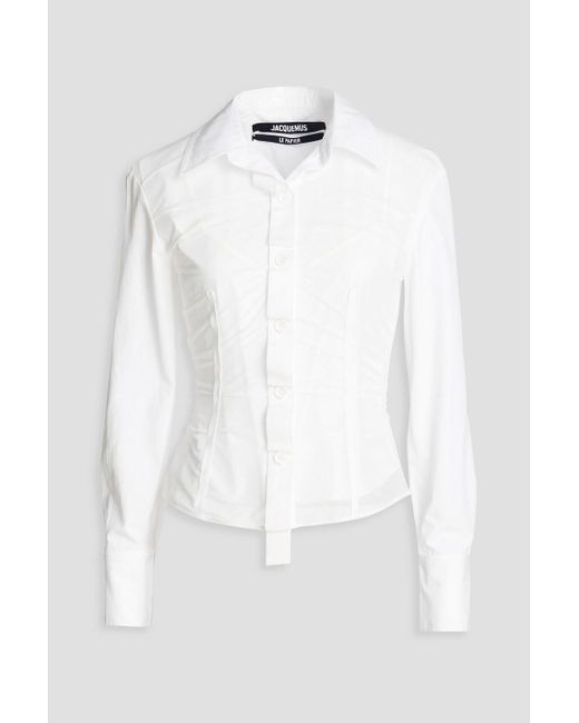 Jacquemus White Ruched Stretch-mesh Paneled Cotton-poplin Shirt