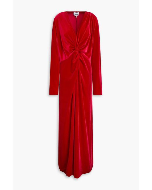 Ganni Red Twisted Velvet Maxi Dress