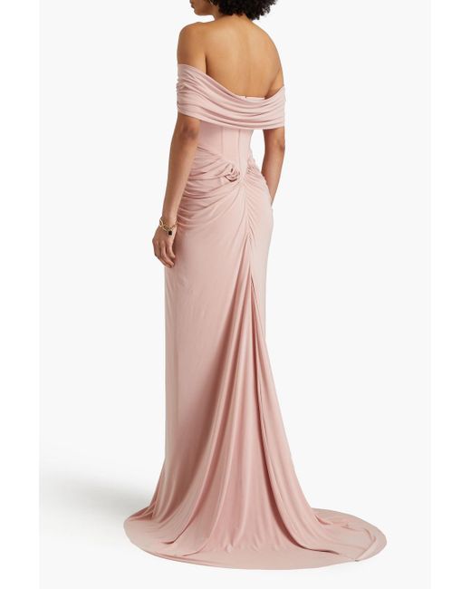 Rhea Costa Pink Off-the-shoulder Draped Satin-jersey Gown