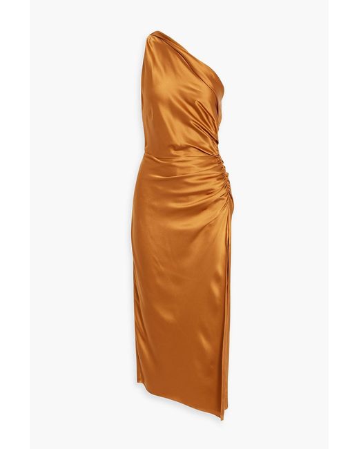 Michelle Mason Orange One-shoulder Ruched Silk-satin Midi Dress