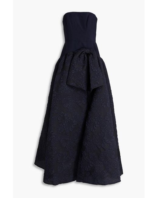 Marchesa Blue Strapless Bow-detailed Cloqué And Crepe Gown