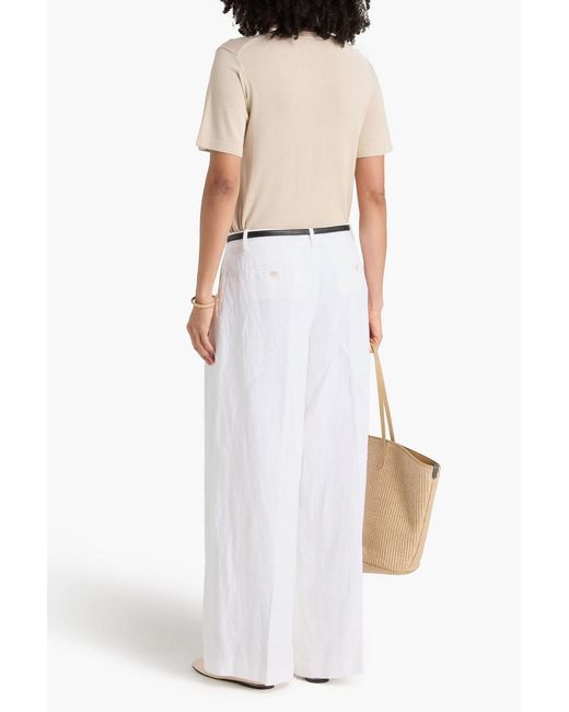 Theory White Pleated Linen Wide-Leg Pants