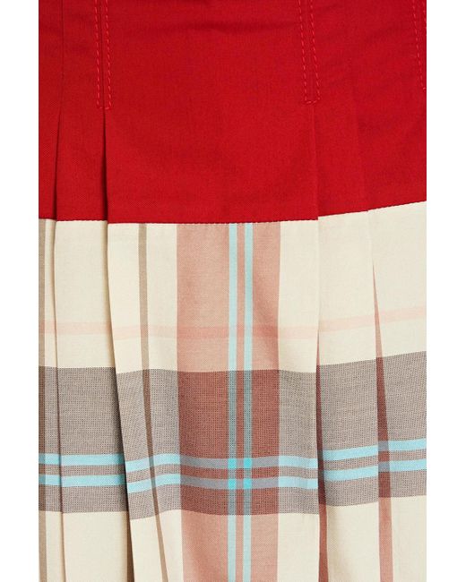 Tory Burch Natural Checked-paneled Silk And Cotton-blend Midi Skirt