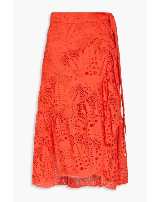 Farm Rio Red Ruffled Broderie Anglaise Cotton Midi Wrap Skirt