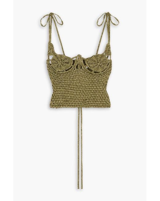 Isa Boulder Green Spiralweave Cropped Lace-up Metallic Woven Jersey Bustier Top