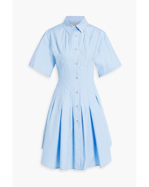 Marni Blue Plissiertes hemdkleid aus baumwollpopeline in minilänge
